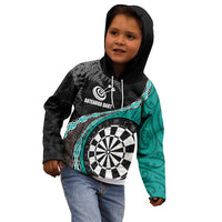 Personalised New Zealand Darts Kid Hoodie Koru Tribal Tattoo and Silver Fern Maori Pattern Teal Color LT03 - Polynesian Pride