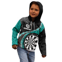 Personalised New Zealand Darts Kid Hoodie Koru Tribal Tattoo and Silver Fern Maori Pattern Teal Color LT03 - Polynesian Pride