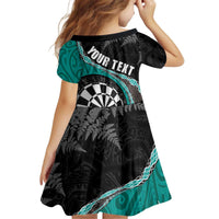 Personalised New Zealand Darts Kid Short Sleeve Dress Koru Tribal Tattoo and Silver Fern Maori Pattern Teal Color LT03 - Polynesian Pride