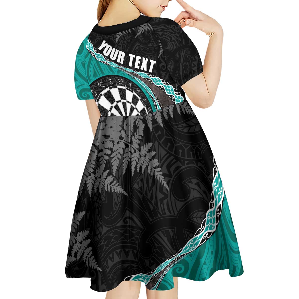 Personalised New Zealand Darts Kid Short Sleeve Dress Koru Tribal Tattoo and Silver Fern Maori Pattern Teal Color LT03 - Polynesian Pride