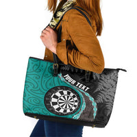 Personalised New Zealand Darts Leather Tote Bag Koru Tribal Tattoo and Silver Fern Maori Pattern Teal Color LT03 Teal - Polynesian Pride