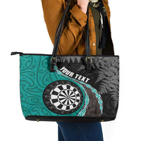 Personalised New Zealand Darts Leather Tote Bag Koru Tribal Tattoo and Silver Fern Maori Pattern Teal Color LT03 - Polynesian Pride