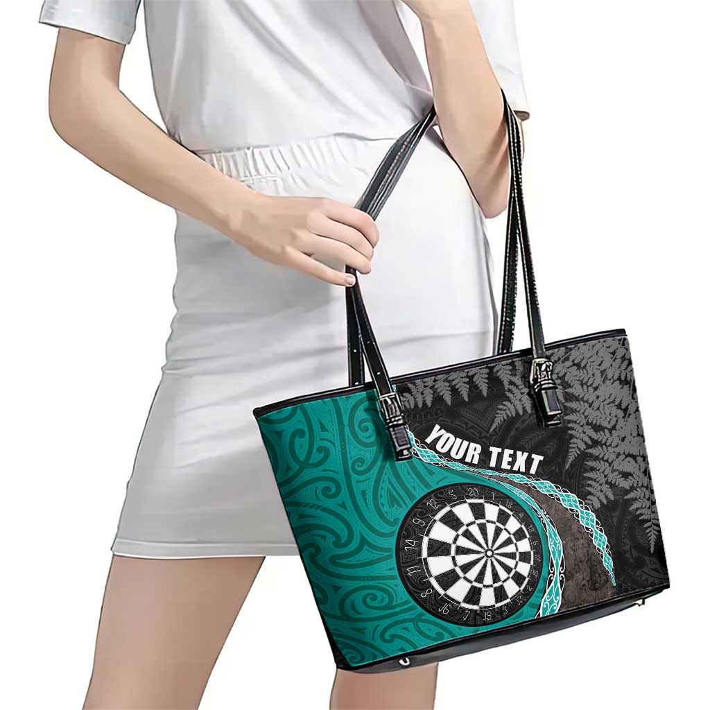 Personalised New Zealand Darts Leather Tote Bag Koru Tribal Tattoo and Silver Fern Maori Pattern Teal Color LT03 - Polynesian Pride