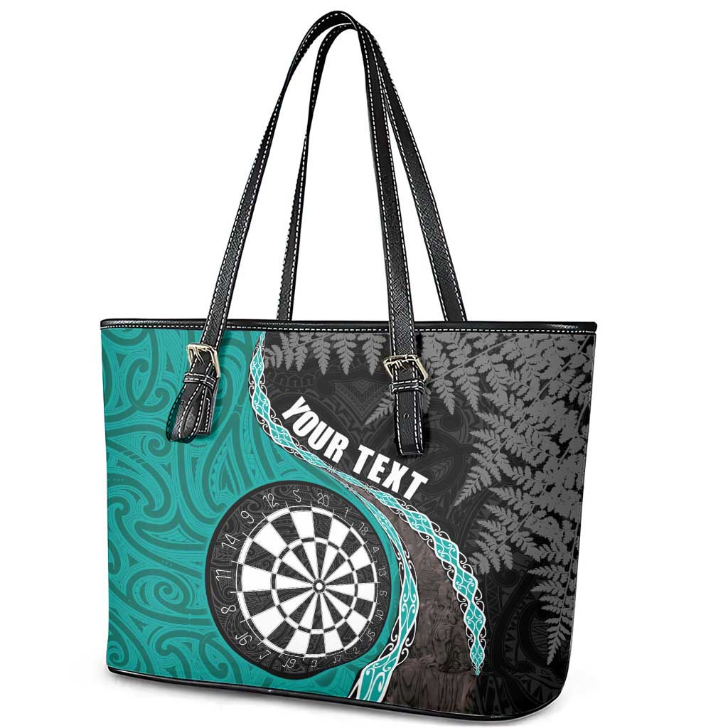 Personalised New Zealand Darts Leather Tote Bag Koru Tribal Tattoo and Silver Fern Maori Pattern Teal Color LT03 - Polynesian Pride