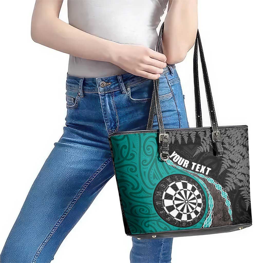 Personalised New Zealand Darts Leather Tote Bag Koru Tribal Tattoo and Silver Fern Maori Pattern Teal Color LT03 - Polynesian Pride