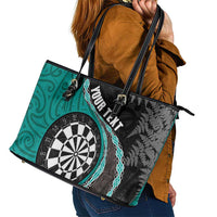 Personalised New Zealand Darts Leather Tote Bag Koru Tribal Tattoo and Silver Fern Maori Pattern Teal Color LT03 - Polynesian Pride