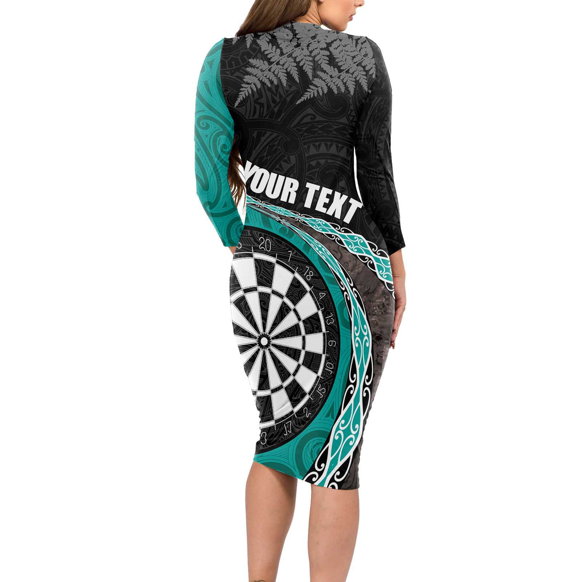 Personalised New Zealand Darts Long Sleeve Bodycon Dress Koru Tribal Tattoo and Silver Fern Maori Pattern Teal Color LT03 - Polynesian Pride