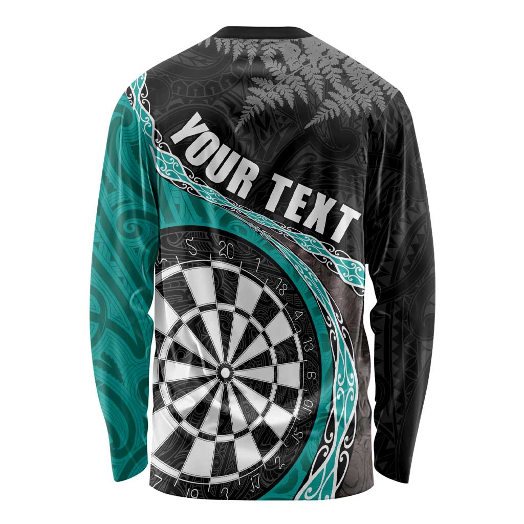 Personalised New Zealand Darts Long Sleeve Shirt Koru Tribal Tattoo and Silver Fern Maori Pattern Teal Color LT03 - Polynesian Pride