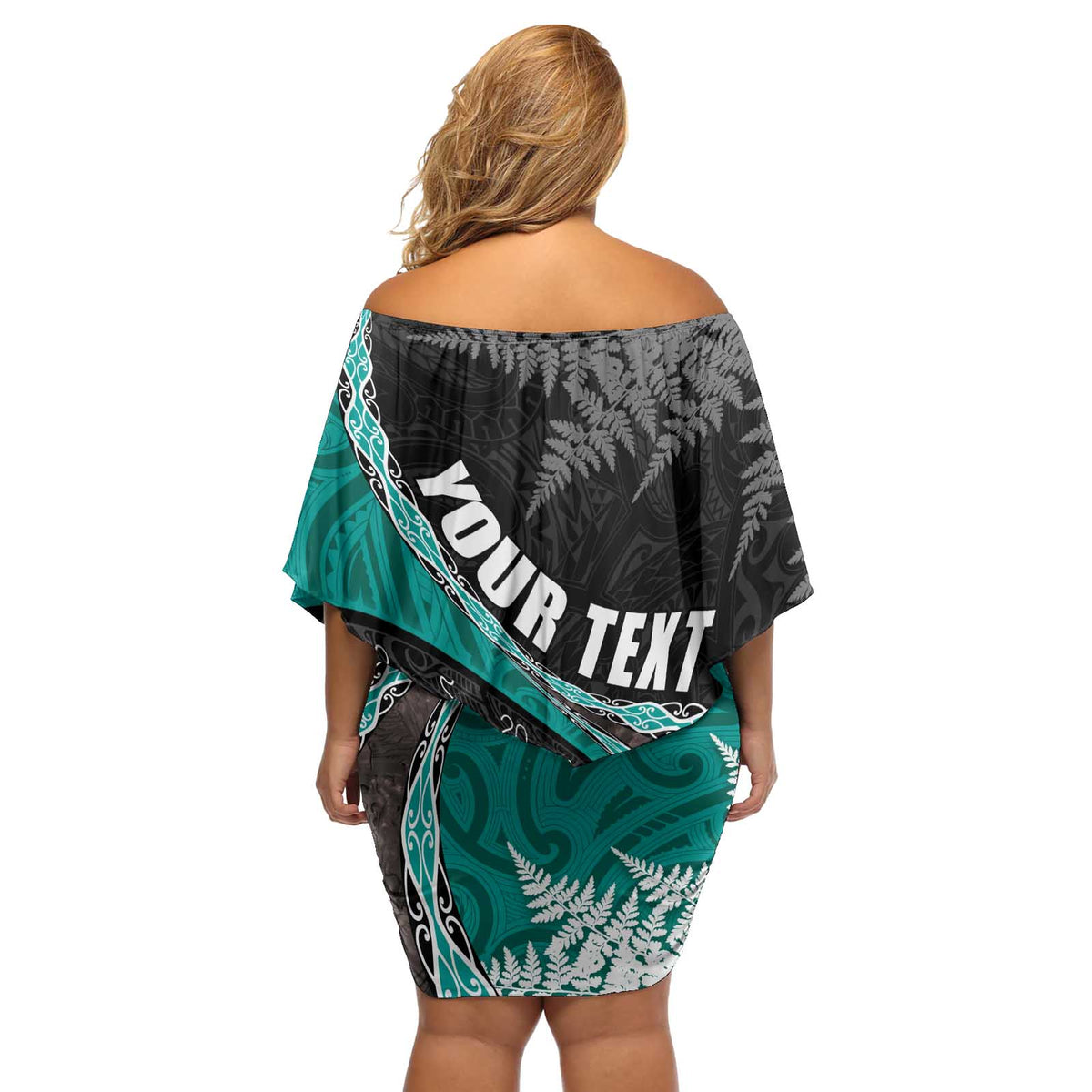 Personalised New Zealand Darts Off Shoulder Short Dress Koru Tribal Tattoo and Silver Fern Maori Pattern Teal Color LT03 - Polynesian Pride