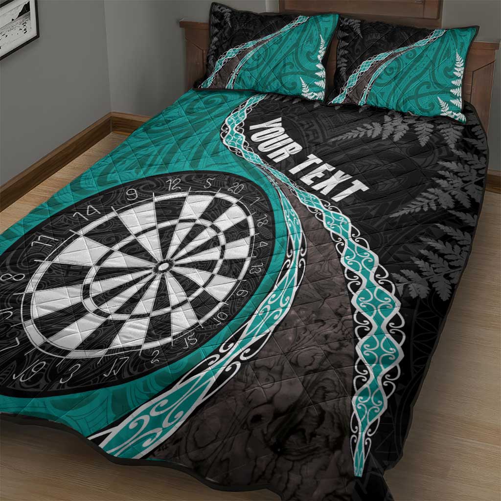 Personalised New Zealand Darts Quilt Bed Set Koru Tribal Tattoo and Silver Fern Maori Pattern Teal Color