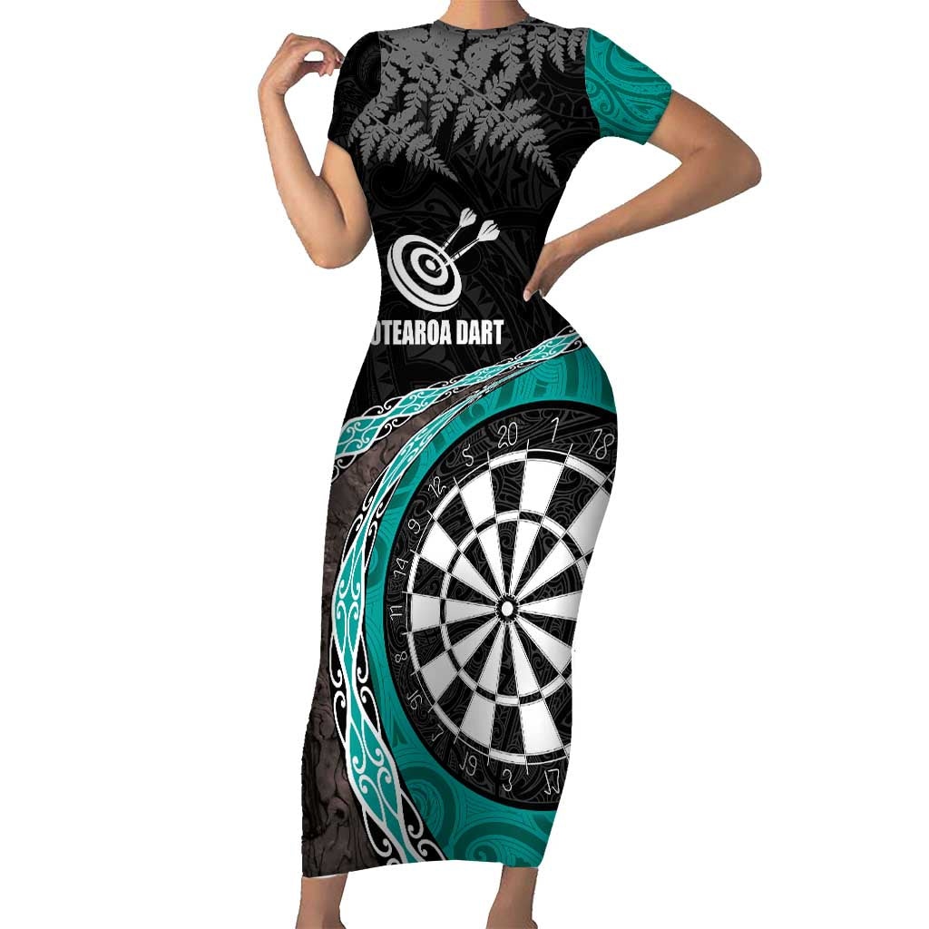 Personalised New Zealand Darts Short Sleeve Bodycon Dress Koru Tribal Tattoo and Silver Fern Maori Pattern Teal Color LT03 Long Dress Teal - Polynesian Pride