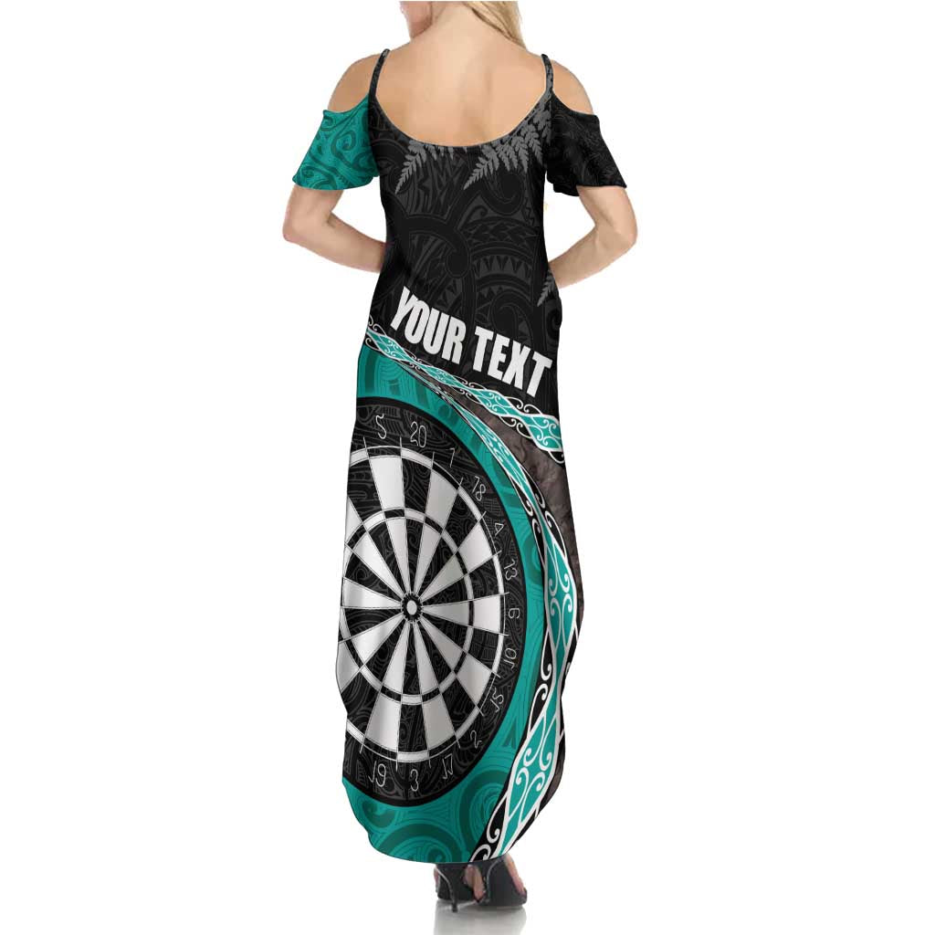 Personalised New Zealand Darts Summer Maxi Dress Koru Tribal Tattoo and Silver Fern Maori Pattern Teal Color LT03 - Polynesian Pride