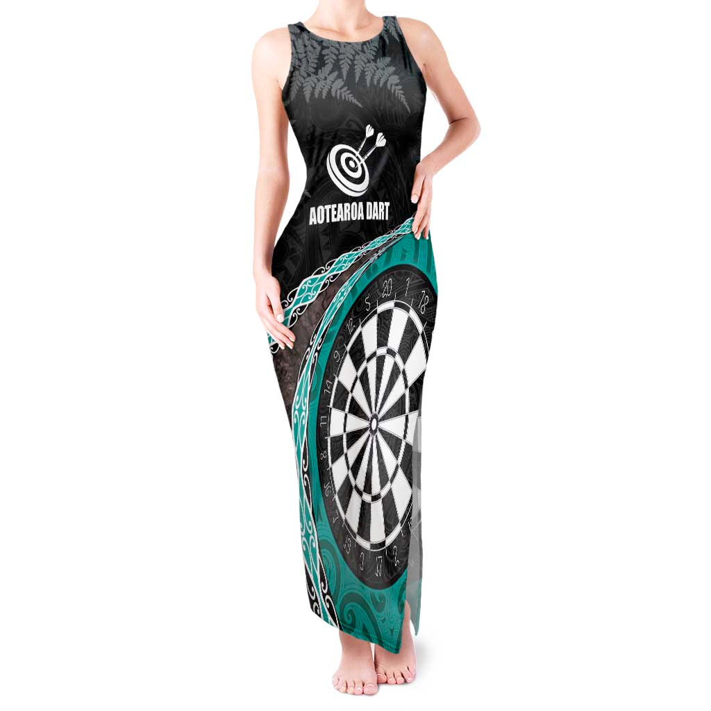 Personalised New Zealand Darts Tank Maxi Dress Koru Tribal Tattoo and Silver Fern Maori Pattern Teal Color LT03 Women Teal - Polynesian Pride