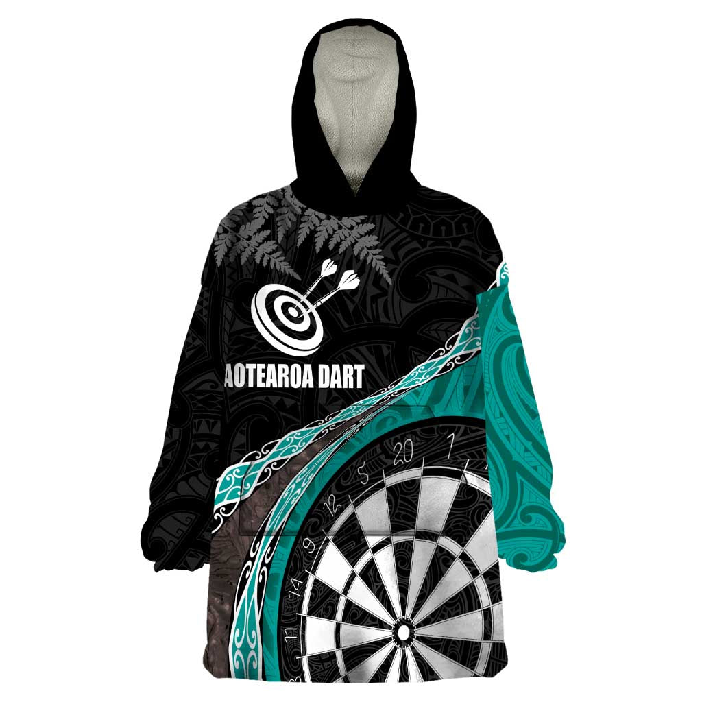 Personalised New Zealand Darts Wearable Blanket Hoodie Koru Tribal Tattoo and Silver Fern Maori Pattern Teal Color LT03 One Size Teal - Polynesian Pride