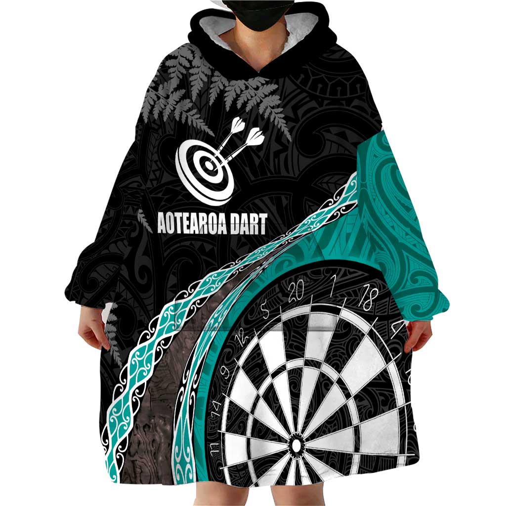 Personalised New Zealand Darts Wearable Blanket Hoodie Koru Tribal Tattoo and Silver Fern Maori Pattern Teal Color LT03 - Polynesian Pride