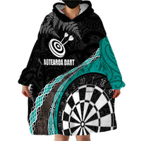 Personalised New Zealand Darts Wearable Blanket Hoodie Koru Tribal Tattoo and Silver Fern Maori Pattern Teal Color LT03 - Polynesian Pride