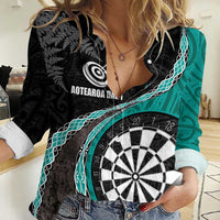 Personalised New Zealand Darts Women Casual Shirt Koru Tribal Tattoo and Silver Fern Maori Pattern Teal Color LT03 Female Teal - Polynesian Pride
