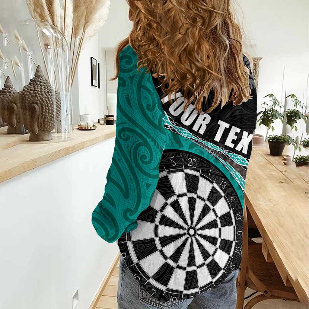 Personalised New Zealand Darts Women Casual Shirt Koru Tribal Tattoo and Silver Fern Maori Pattern Teal Color LT03 - Polynesian Pride