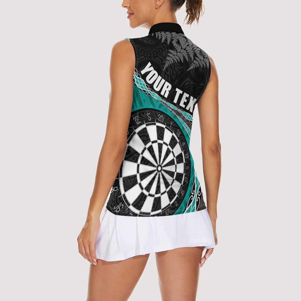 Personalised New Zealand Darts Women Sleeveless Polo Shirt Koru Tribal Tattoo and Silver Fern Maori Pattern Teal Color