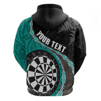Personalised New Zealand Darts Zip Hoodie Koru Tribal Tattoo and Silver Fern Maori Pattern Teal Color LT03 - Polynesian Pride