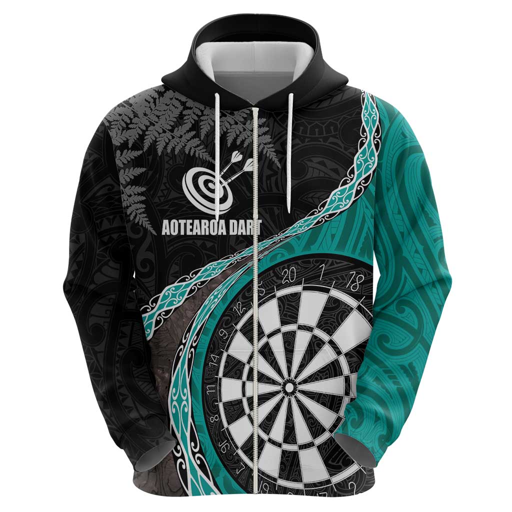 Personalised New Zealand Darts Zip Hoodie Koru Tribal Tattoo and Silver Fern Maori Pattern Teal Color LT03 - Polynesian Pride