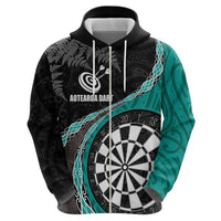 Personalised New Zealand Darts Zip Hoodie Koru Tribal Tattoo and Silver Fern Maori Pattern Teal Color LT03 - Polynesian Pride