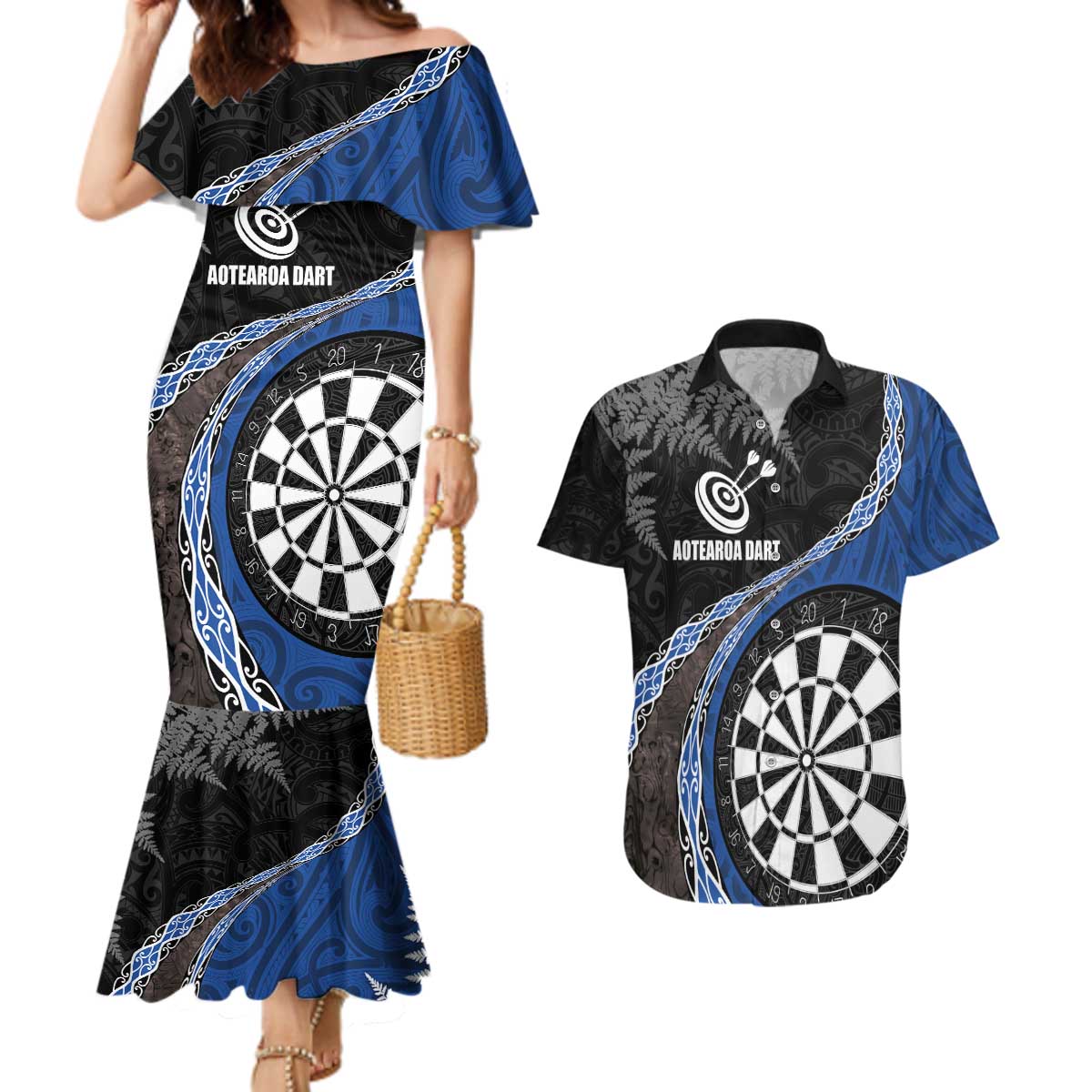 Personalised New Zealand Darts Couples Matching Mermaid Dress and Hawaiian Shirt Koru Tribal Tattoo and Silver Fern Maori Pattern Blue Color LT03 Blue - Polynesian Pride