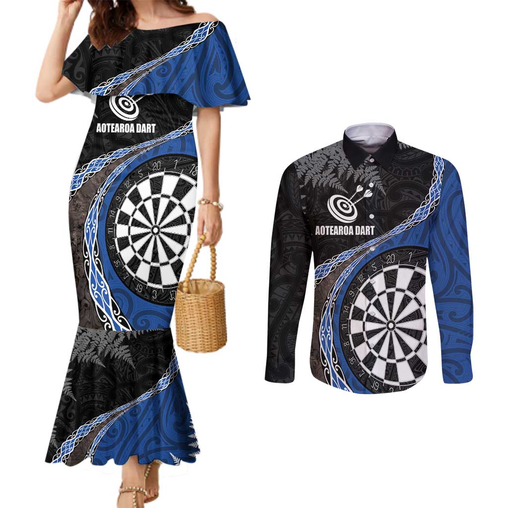 Personalised New Zealand Darts Couples Matching Mermaid Dress and Long Sleeve Button Shirt Koru Tribal Tattoo and Silver Fern Maori Pattern Blue Color LT03 Blue - Polynesian Pride