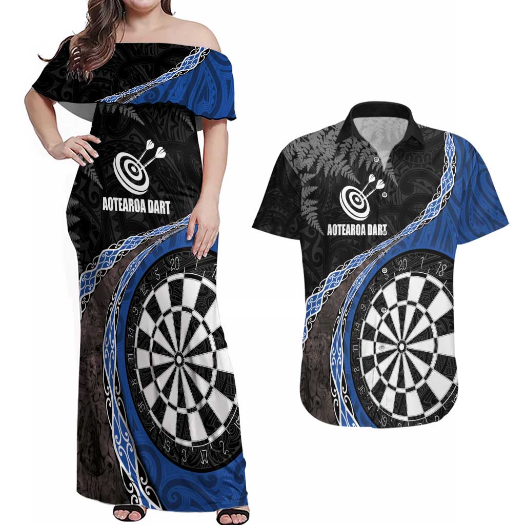 Personalised New Zealand Darts Couples Matching Off Shoulder Maxi Dress and Hawaiian Shirt Koru Tribal Tattoo and Silver Fern Maori Pattern Blue Color LT03 Blue - Polynesian Pride