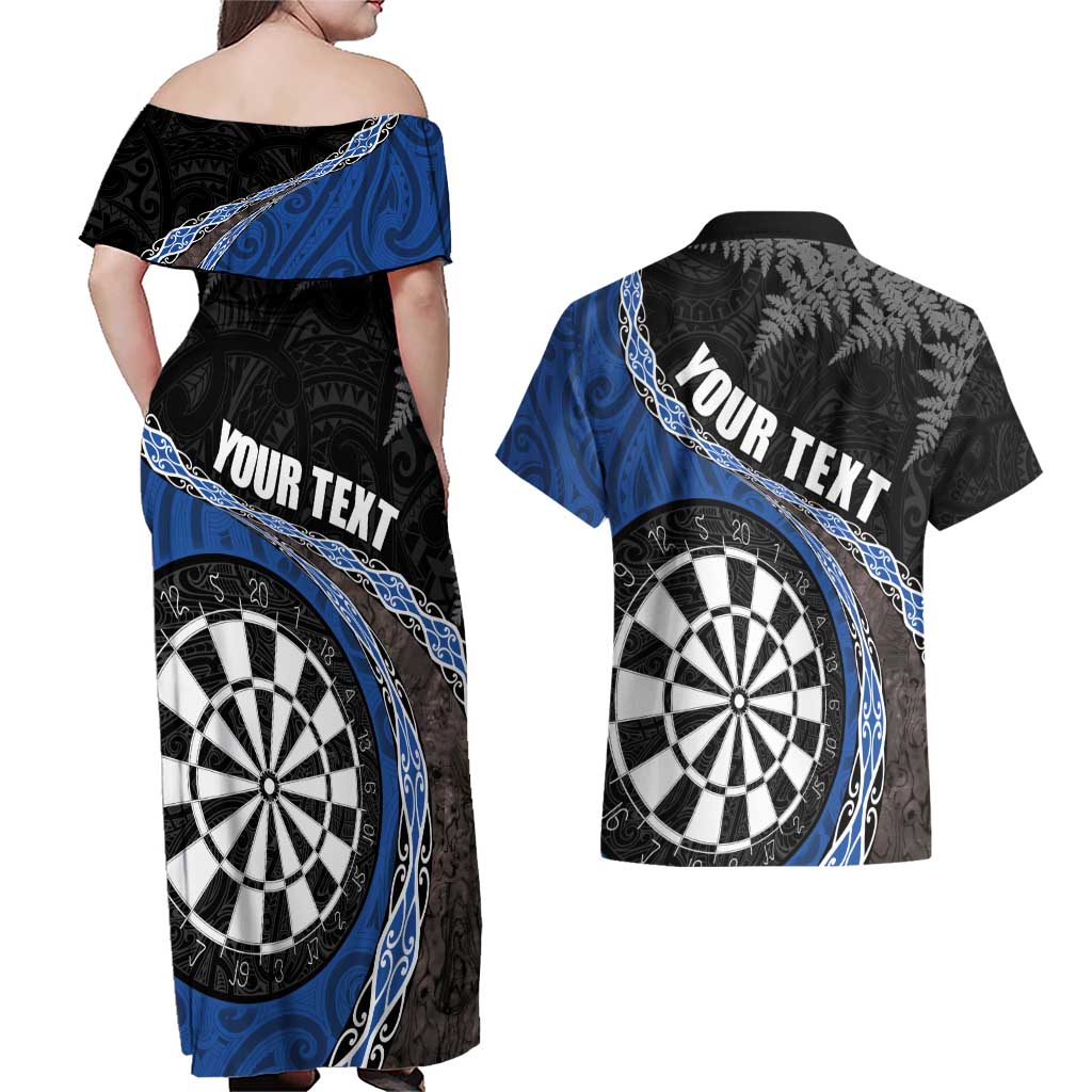 Personalised New Zealand Darts Couples Matching Off Shoulder Maxi Dress and Hawaiian Shirt Koru Tribal Tattoo and Silver Fern Maori Pattern Blue Color LT03 - Polynesian Pride