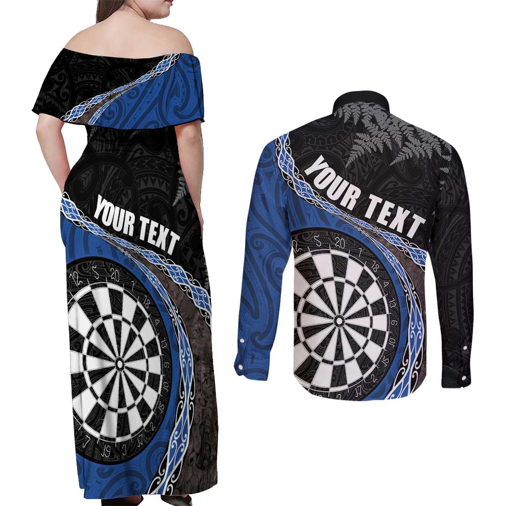 Personalised New Zealand Darts Couples Matching Off Shoulder Maxi Dress and Long Sleeve Button Shirt Koru Tribal Tattoo and Silver Fern Maori Pattern Blue Color LT03 - Polynesian Pride