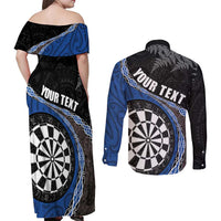 Personalised New Zealand Darts Couples Matching Off Shoulder Maxi Dress and Long Sleeve Button Shirt Koru Tribal Tattoo and Silver Fern Maori Pattern Blue Color LT03 - Polynesian Pride