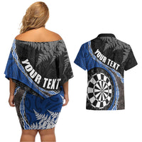Personalised New Zealand Darts Couples Matching Off Shoulder Short Dress and Hawaiian Shirt Koru Tribal Tattoo and Silver Fern Maori Pattern Blue Color LT03 - Polynesian Pride