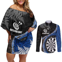 Personalised New Zealand Darts Couples Matching Off Shoulder Short Dress and Long Sleeve Button Shirt Koru Tribal Tattoo and Silver Fern Maori Pattern Blue Color LT03 Blue - Polynesian Pride