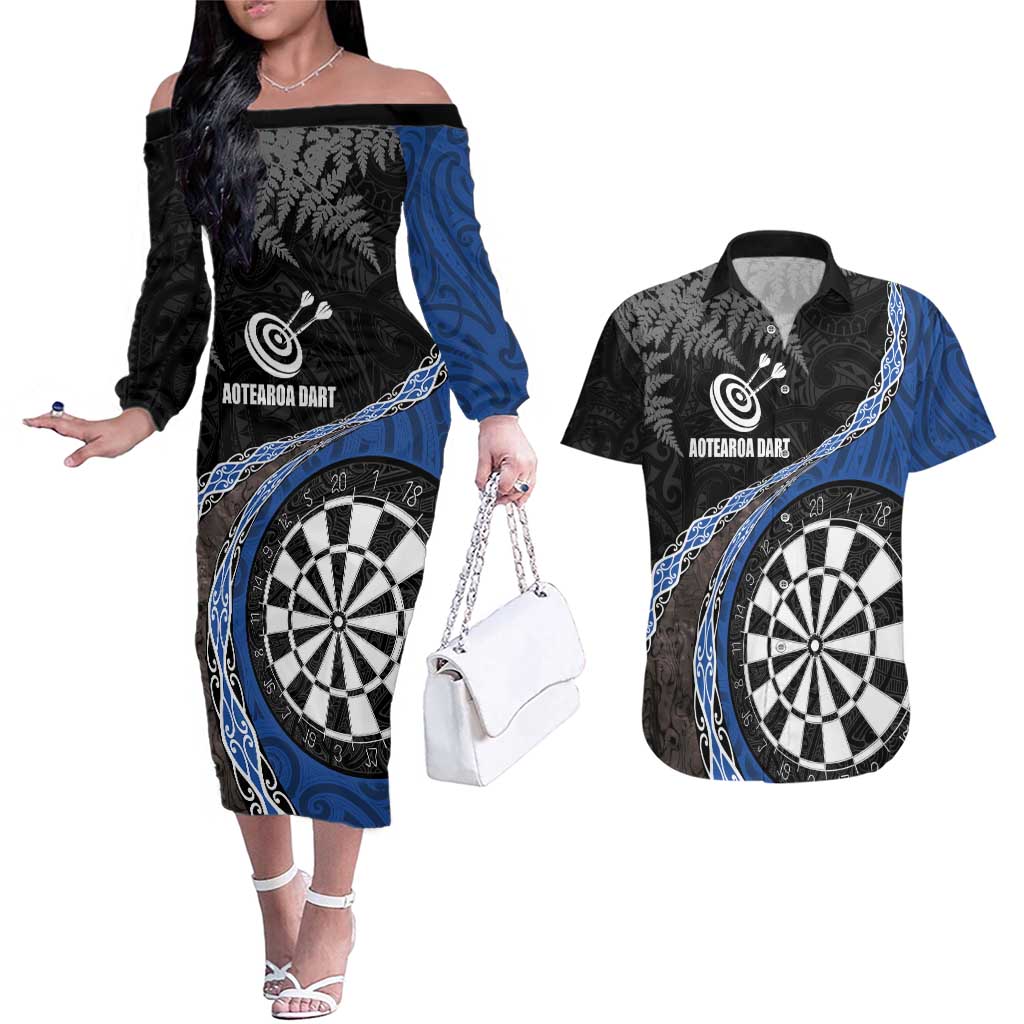 Personalised New Zealand Darts Couples Matching Off The Shoulder Long Sleeve Dress and Hawaiian Shirt Koru Tribal Tattoo and Silver Fern Maori Pattern Blue Color LT03 Blue - Polynesian Pride