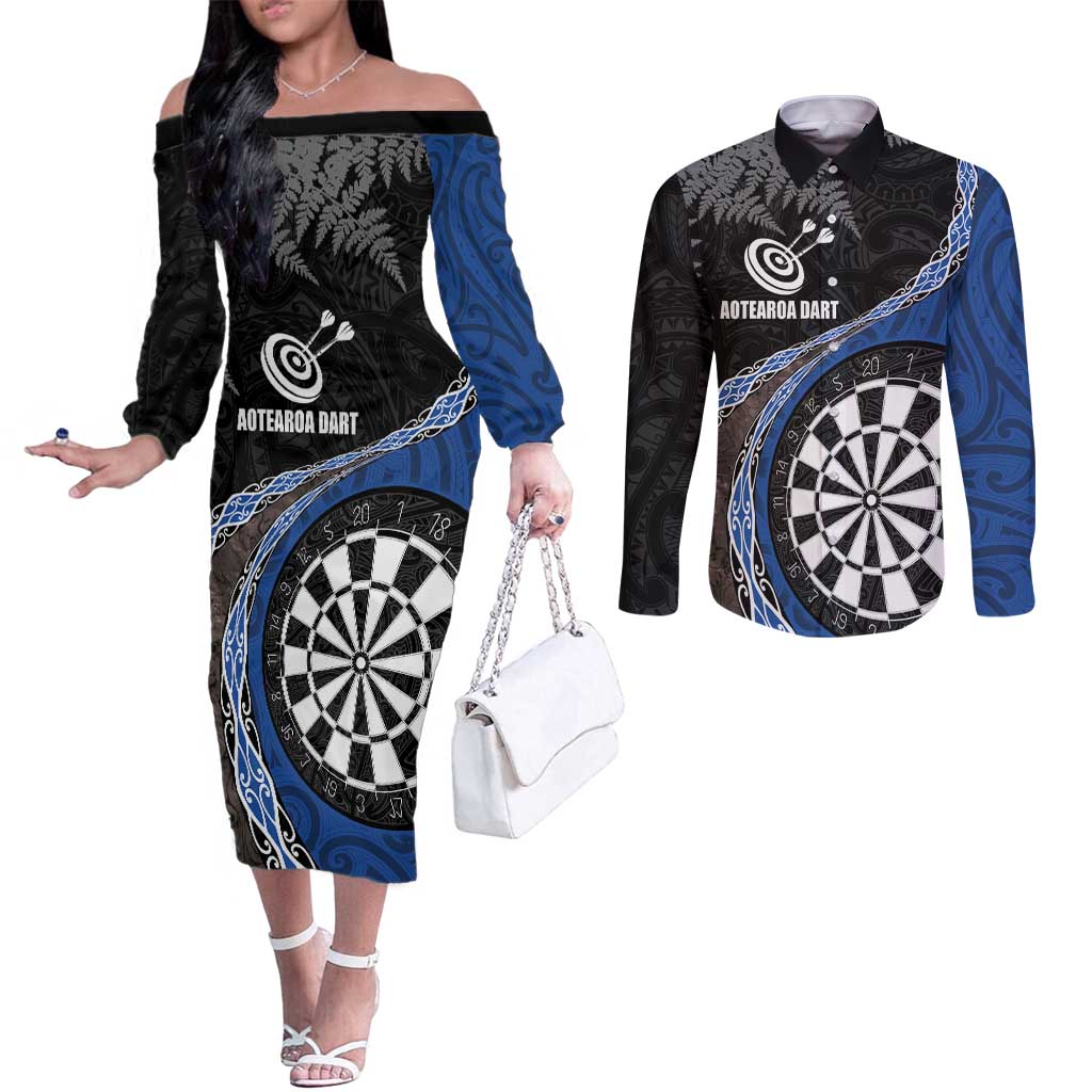 Personalised New Zealand Darts Couples Matching Off The Shoulder Long Sleeve Dress and Long Sleeve Button Shirt Koru Tribal Tattoo and Silver Fern Maori Pattern Blue Color LT03 Blue - Polynesian Pride