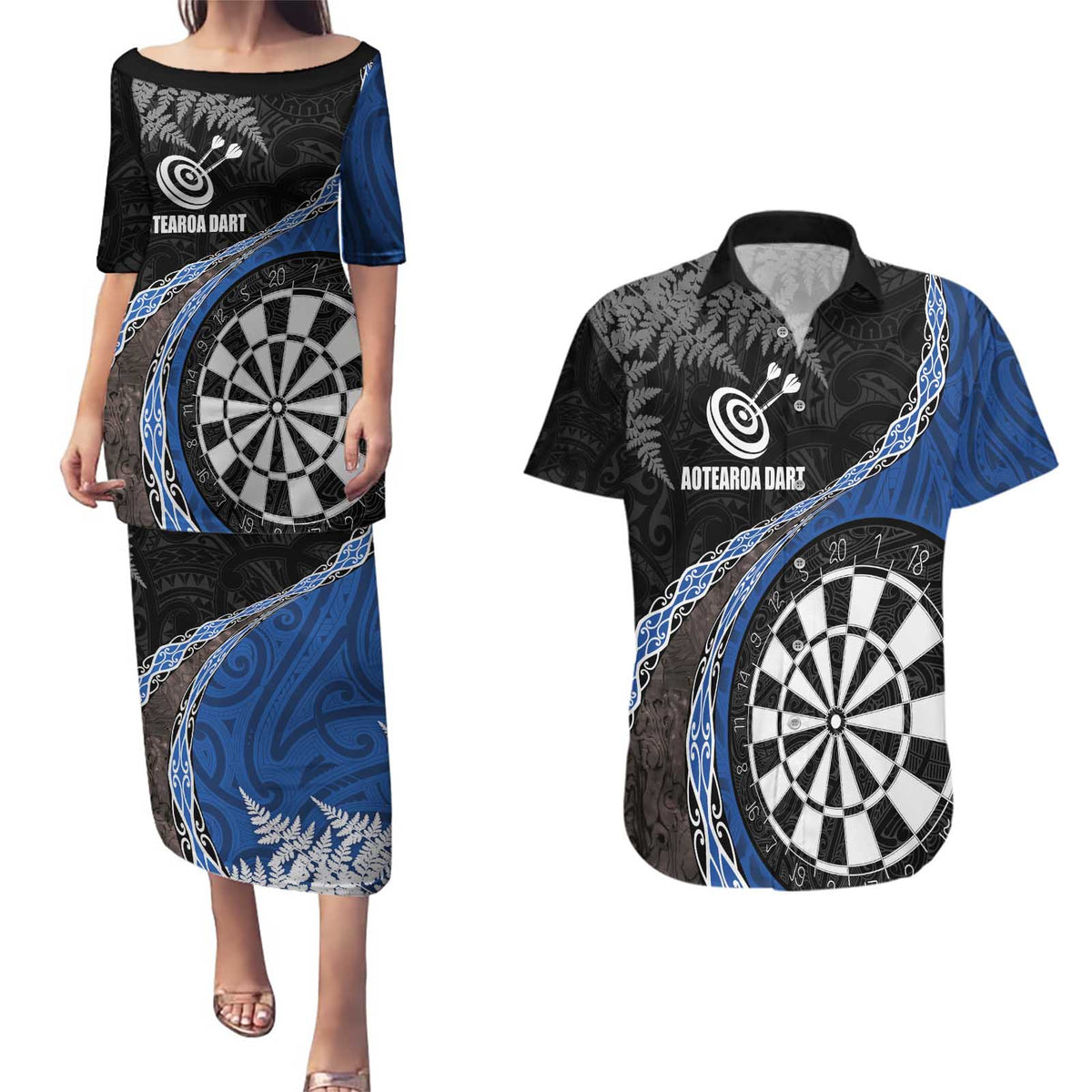 Personalised New Zealand Darts Couples Matching Puletasi and Hawaiian Shirt Koru Tribal Tattoo and Silver Fern Maori Pattern Blue Color LT03 Blue - Polynesian Pride