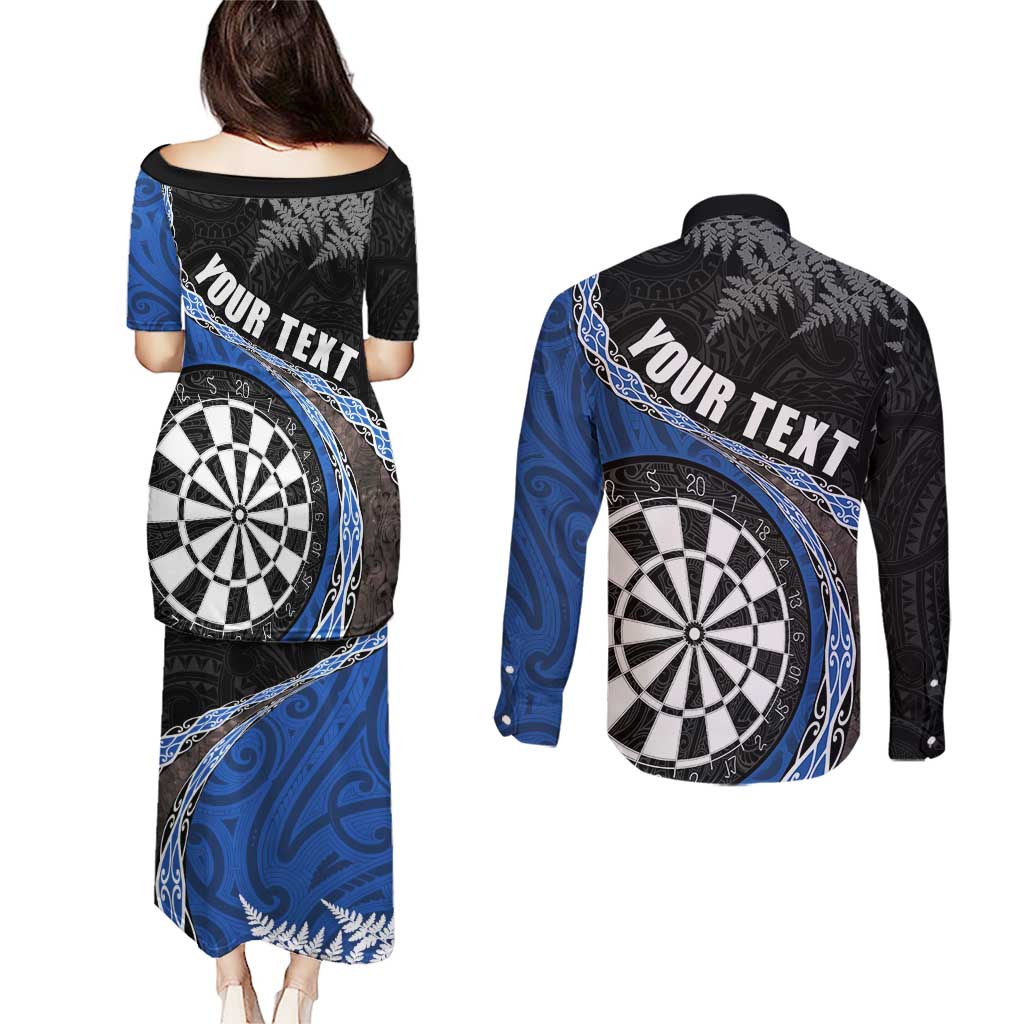 Personalised New Zealand Darts Couples Matching Puletasi and Long Sleeve Button Shirt Koru Tribal Tattoo and Silver Fern Maori Pattern Blue Color LT03 - Polynesian Pride