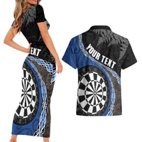 Personalised New Zealand Darts Couples Matching Short Sleeve Bodycon Dress and Hawaiian Shirt Koru Tribal Tattoo and Silver Fern Maori Pattern Blue Color LT03 - Polynesian Pride
