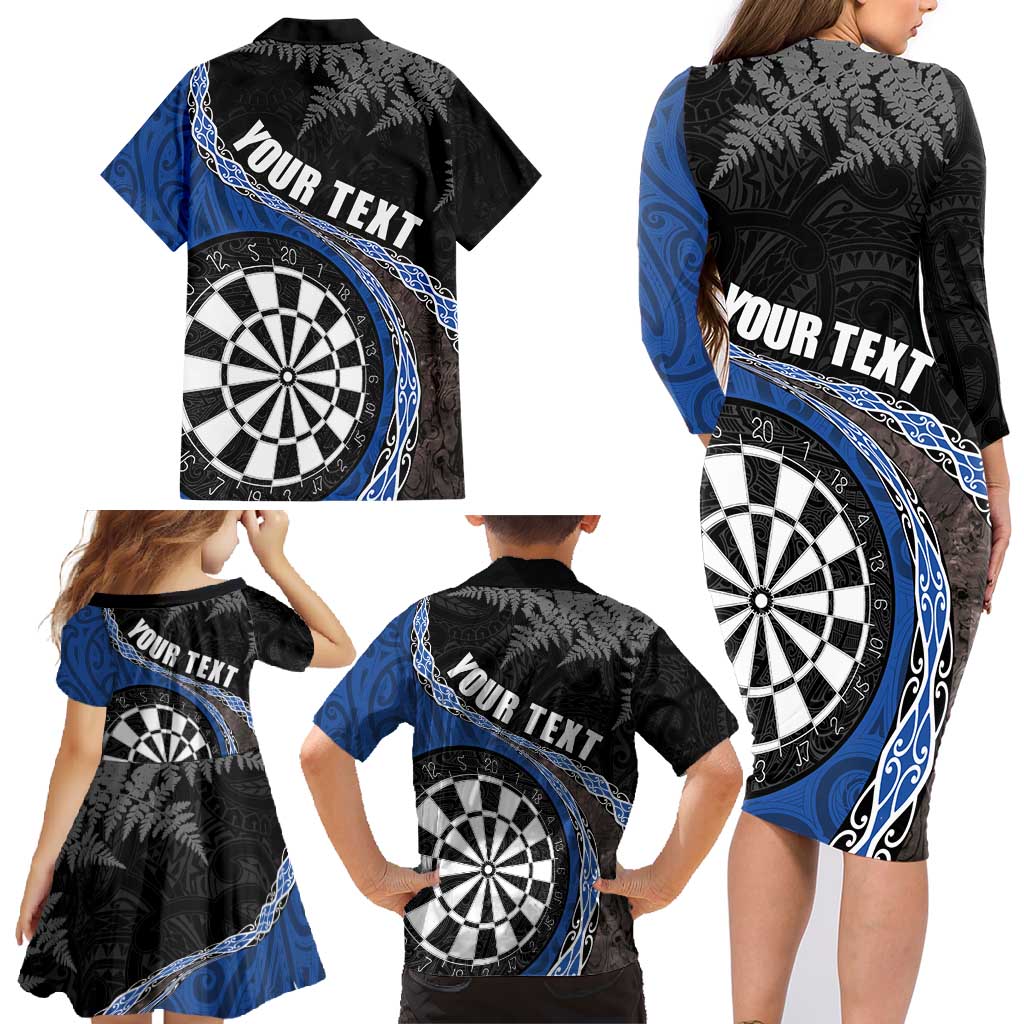 Personalised New Zealand Darts Family Matching Long Sleeve Bodycon Dress and Hawaiian Shirt Koru Tribal Tattoo and Silver Fern Maori Pattern Blue Color LT03 - Polynesian Pride