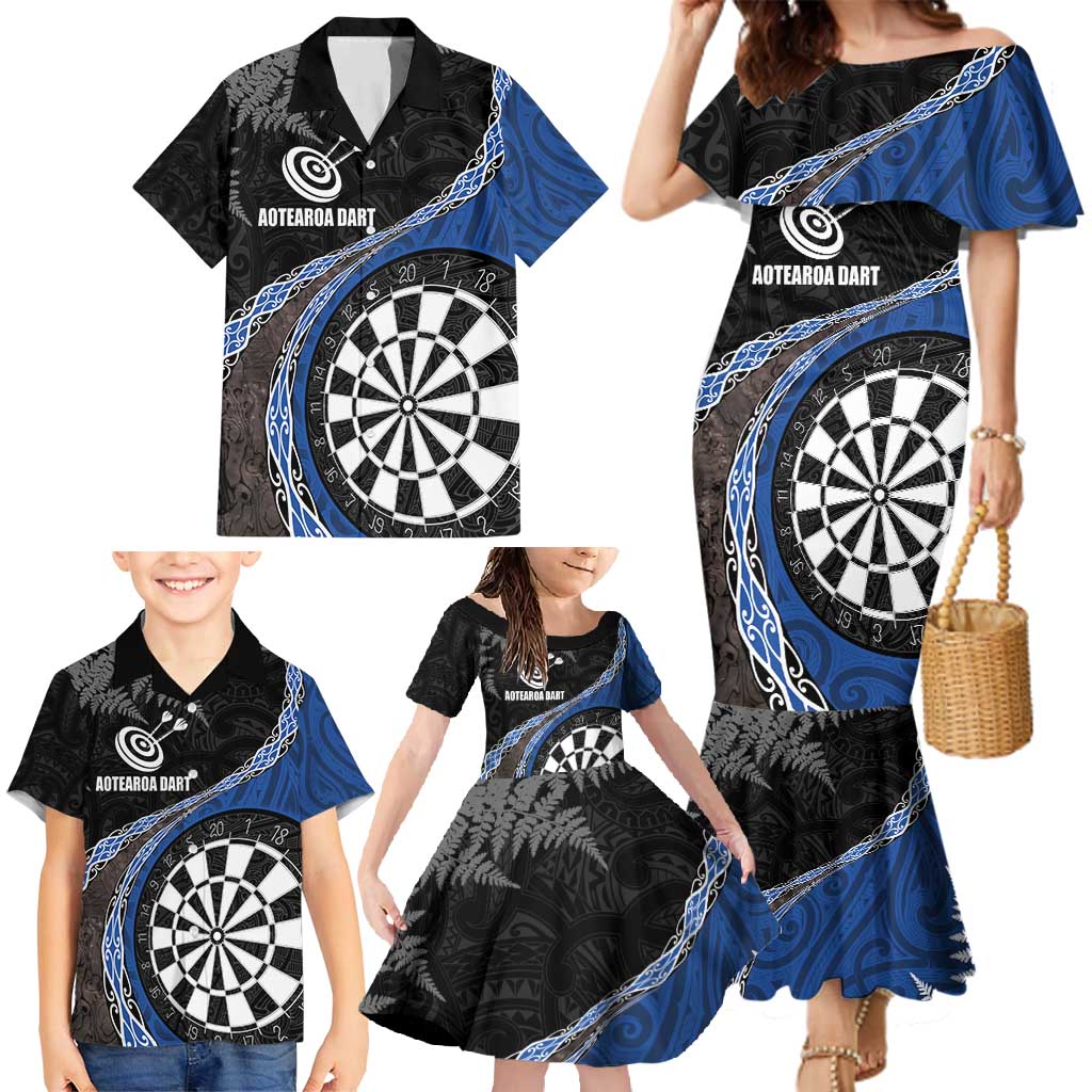 Personalised New Zealand Darts Family Matching Mermaid Dress and Hawaiian Shirt Koru Tribal Tattoo and Silver Fern Maori Pattern Blue Color LT03 - Polynesian Pride