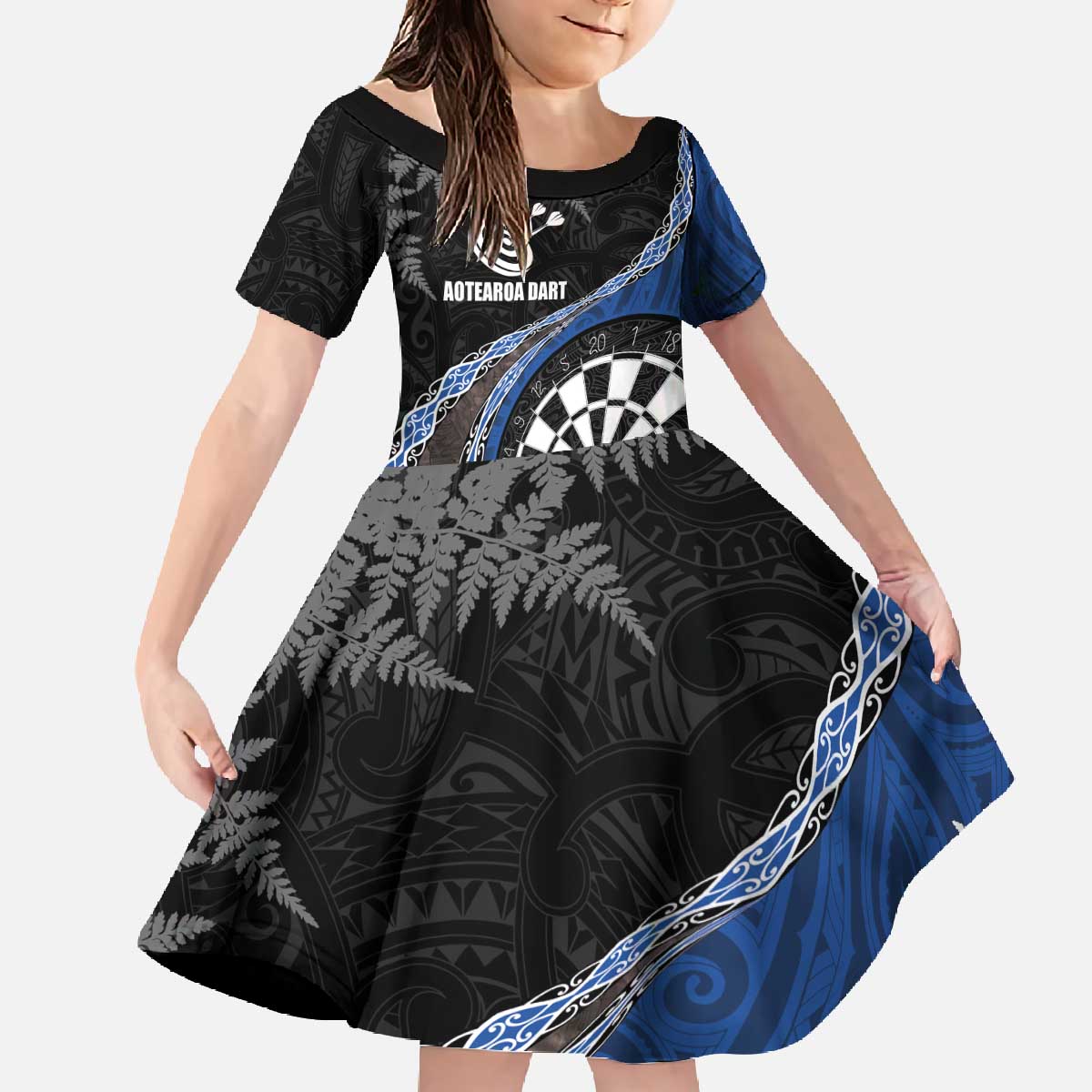 Personalised New Zealand Darts Family Matching Off The Shoulder Long Sleeve Dress and Hawaiian Shirt Koru Tribal Tattoo and Silver Fern Maori Pattern Blue Color LT03 Daughter's Dress Blue - Polynesian Pride