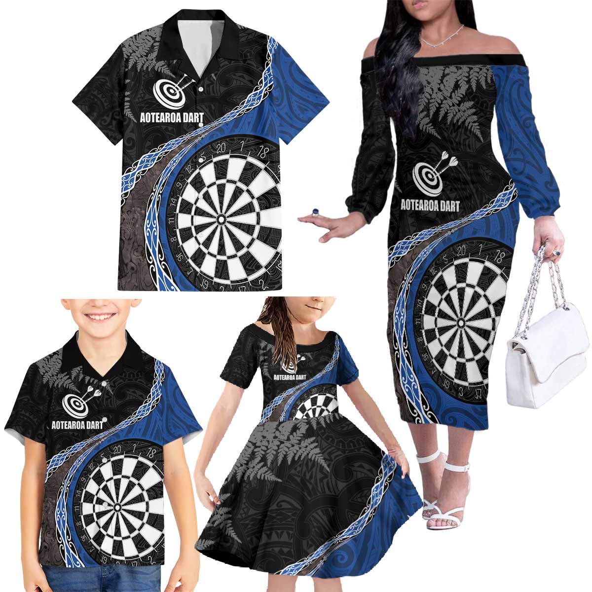 Personalised New Zealand Darts Family Matching Off The Shoulder Long Sleeve Dress and Hawaiian Shirt Koru Tribal Tattoo and Silver Fern Maori Pattern Blue Color LT03 - Polynesian Pride