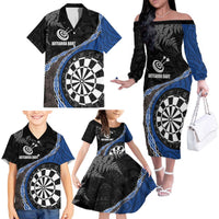 Personalised New Zealand Darts Family Matching Off The Shoulder Long Sleeve Dress and Hawaiian Shirt Koru Tribal Tattoo and Silver Fern Maori Pattern Blue Color LT03 - Polynesian Pride
