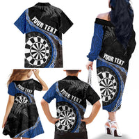 Personalised New Zealand Darts Family Matching Off The Shoulder Long Sleeve Dress and Hawaiian Shirt Koru Tribal Tattoo and Silver Fern Maori Pattern Blue Color LT03 - Polynesian Pride