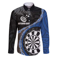 Personalised New Zealand Darts Family Matching Off Shoulder Maxi Dress and Hawaiian Shirt Koru Tribal Tattoo and Silver Fern Maori Pattern Blue Color LT03 Dad's Shirt - Long Sleeve Blue - Polynesian Pride