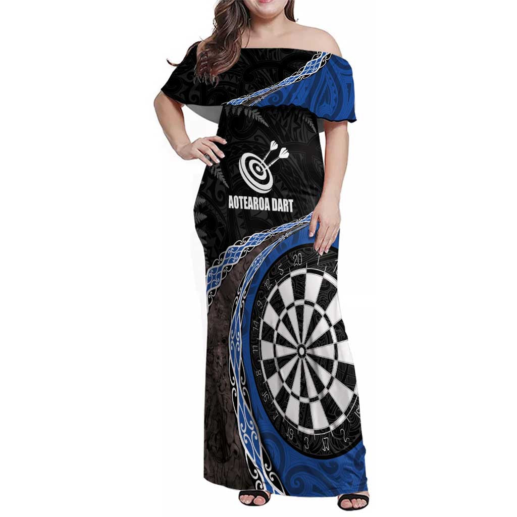 Personalised New Zealand Darts Family Matching Off Shoulder Maxi Dress and Hawaiian Shirt Koru Tribal Tattoo and Silver Fern Maori Pattern Blue Color LT03 Mom's Dress Blue - Polynesian Pride