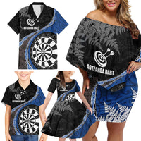 Personalised New Zealand Darts Family Matching Off Shoulder Short Dress and Hawaiian Shirt Koru Tribal Tattoo and Silver Fern Maori Pattern Blue Color LT03 - Polynesian Pride