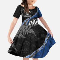 Personalised New Zealand Darts Family Matching Puletasi and Hawaiian Shirt Koru Tribal Tattoo and Silver Fern Maori Pattern Blue Color LT03 Daughter's Dress Blue - Polynesian Pride