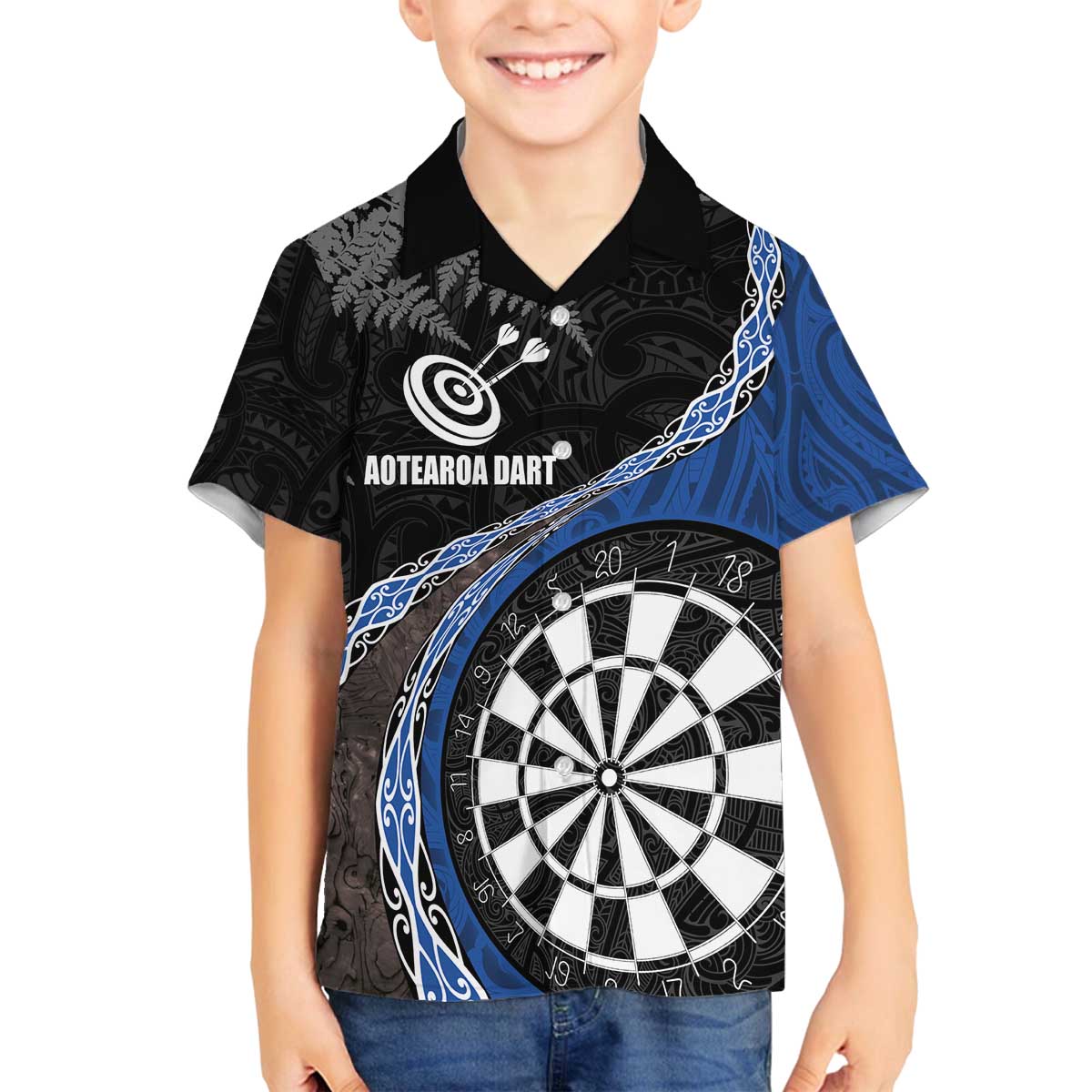 Personalised New Zealand Darts Family Matching Puletasi and Hawaiian Shirt Koru Tribal Tattoo and Silver Fern Maori Pattern Blue Color LT03 Son's Shirt Blue - Polynesian Pride